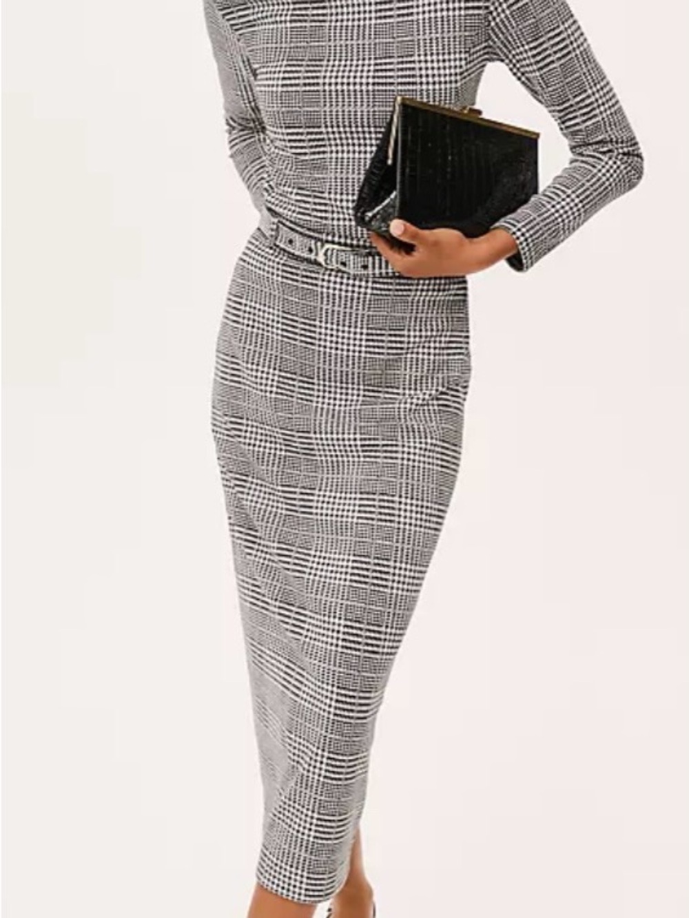 NEW Ann Taylor Petite Black and White Plaid Belted Midi Pencil Skirt